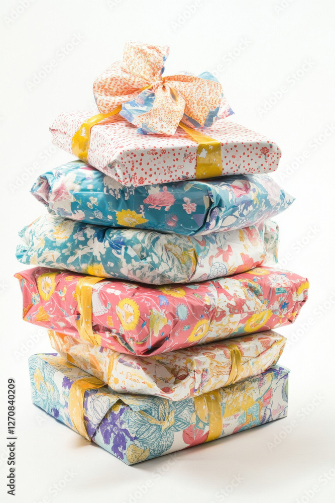 Fototapeta premium Pile of wrapped gifts with colorful paper and bows, isolated on a white background 