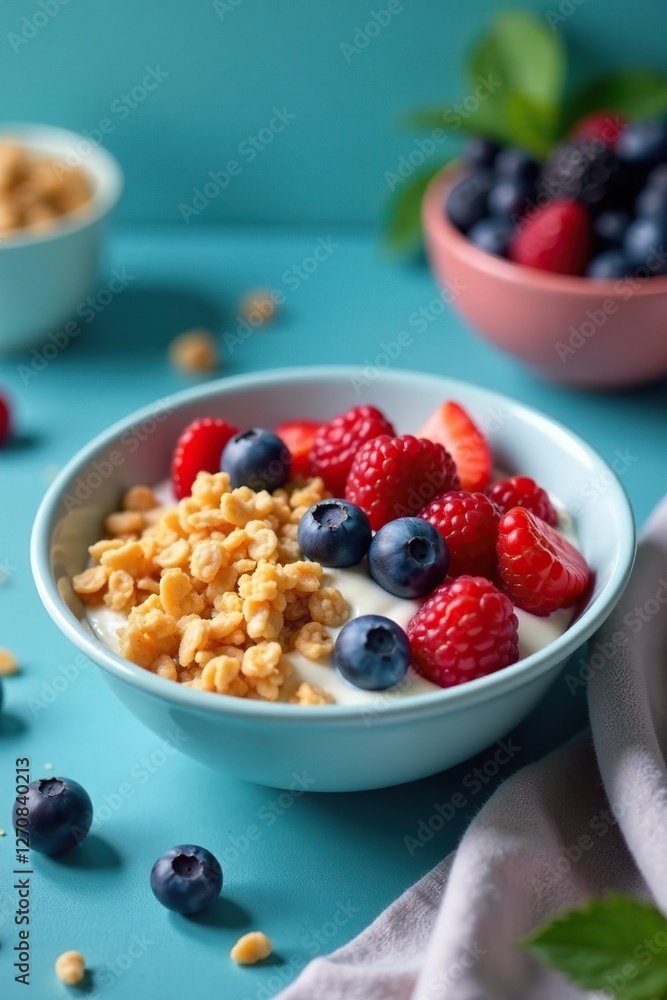 Bowl of homemade granola yogurt and berries on a blue table, snackTime, yogurtParfait Bowl of homemade granola yogurt and berries on a blue table, snackTime, yogurtParfait