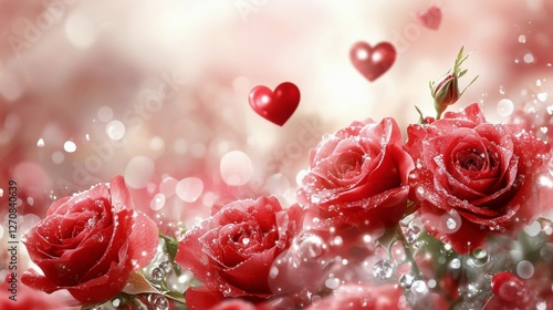 Beautiful arrangement of red roses and heart-themed decorations for romantic ...