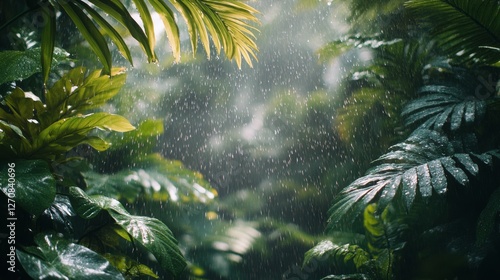Lush green rainforest with rain falling and mist rising in the early morning ...