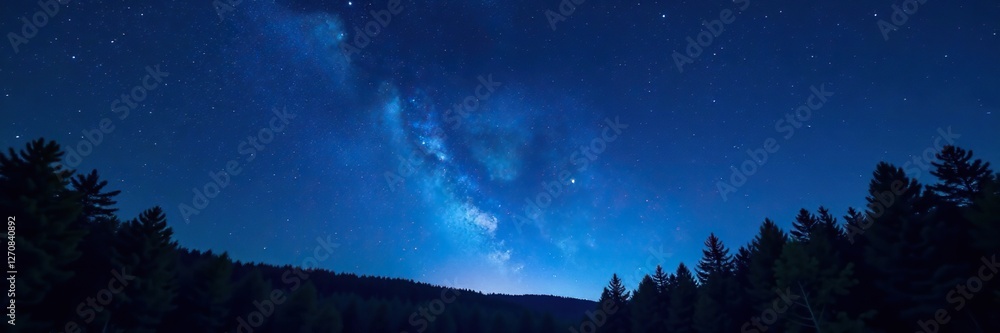 Fototapeta premium Dark blue night sky with stars twinkling above the treetops of a forest, blue sky, stars, earth