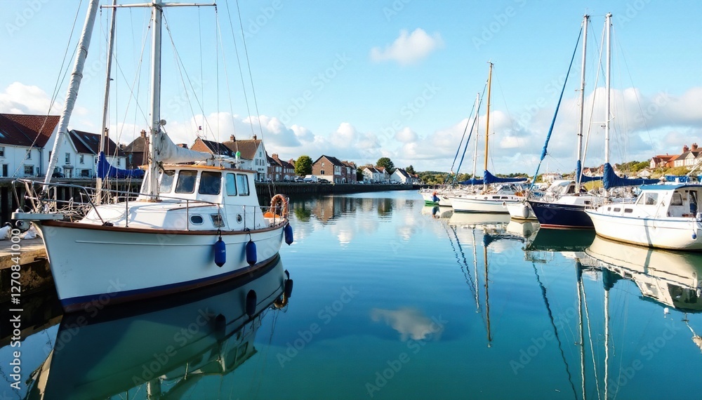 Obraz premium Boats moored in Stranraer Marina with reflections, boats, docked