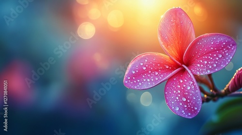 Delicate pink hibiscus flower with dew drops in soft sunlight