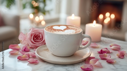 Warm coffee cup surrounded by pink rose petals and candles on a textured surface