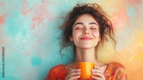 Woman in pink sweater enjoys warm drink against a soft pink background during...