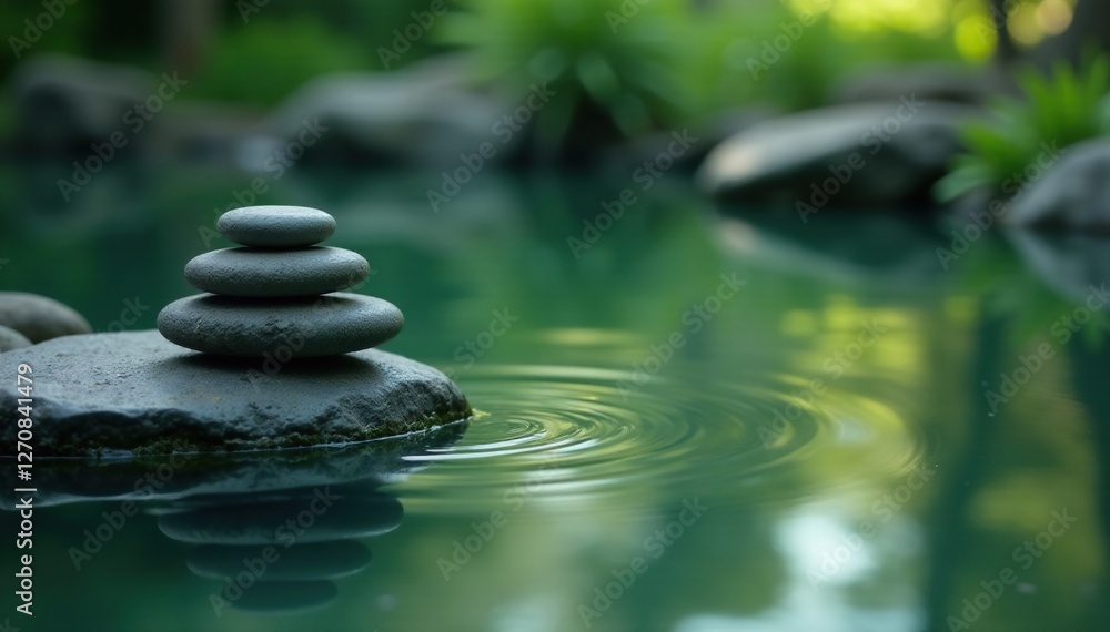Water ripples on a still pond with serene stacked stones in the background, calmness, peace, water Water ripples on a still pond with serene stacked stones in the background, calmness, peace, water