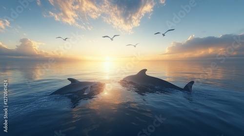 Whale swims peacefully in tranquil waters with seagulls flying above at dawn