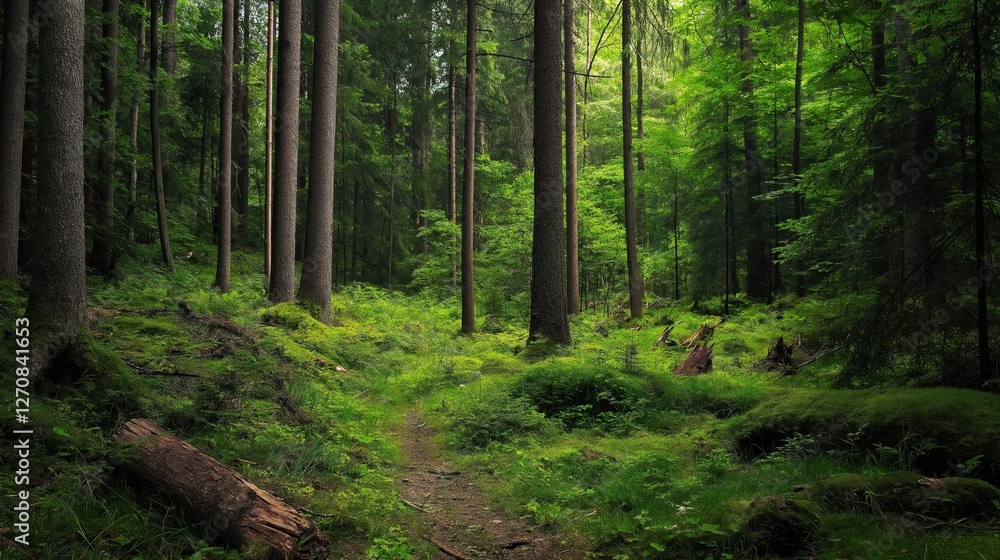 Lush green forest with vibrant vegetation and sunlight filtering through trees Lush green forest with vibrant vegetation and sunlight filtering through trees