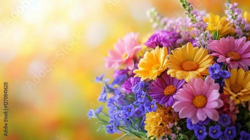 Colorful bouquet of flowers in a blurred garden background during daytime
