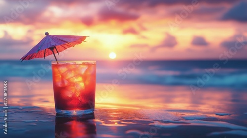 Refreshing cocktail with umbrella at sunset on tropical beach with soft waves