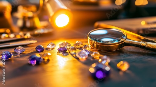 Wallpaper Mural Close-up of sparkling gemstones on a workbench illuminated by warm light with tools nearby Torontodigital.ca