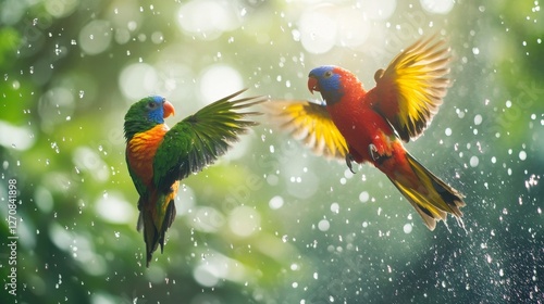 Colorful parakeets in mid-flight during a rain shower in a lush tropical setting