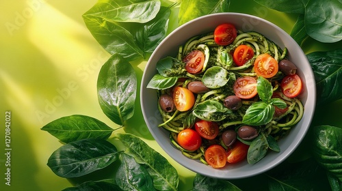 Fresh vegetable salad with pesto dressing displayed on green background