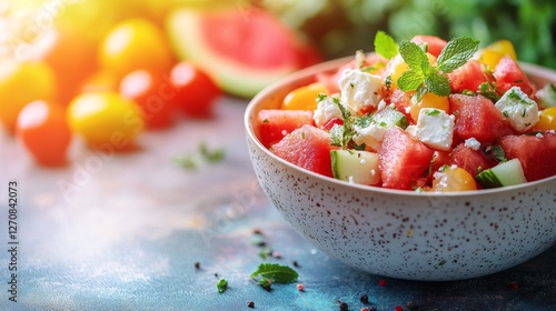 Fresh summer salad with watermelon, feta, and mint served in a textured bowl