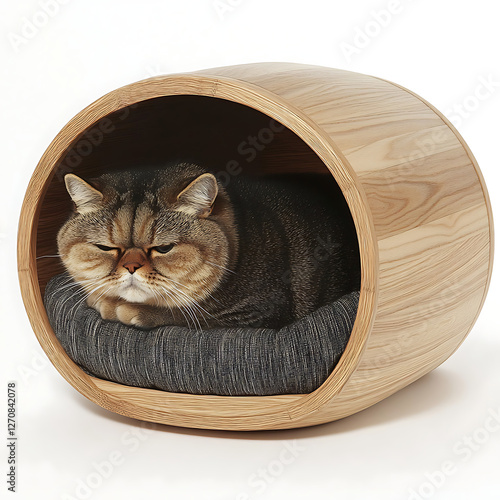 Tabby Cat Relaxing Comfortably inside Round Wooden Pet Bedding Enclosure on a Serene White Backdrop photo