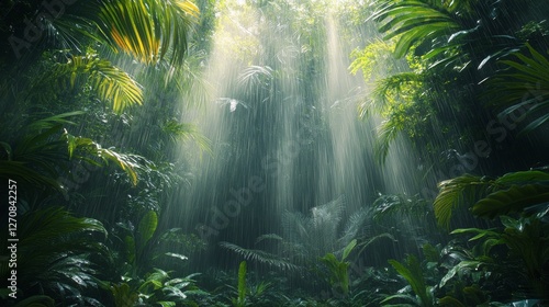 Lush green rainforest with rain falling and mist rising in the early morning ...