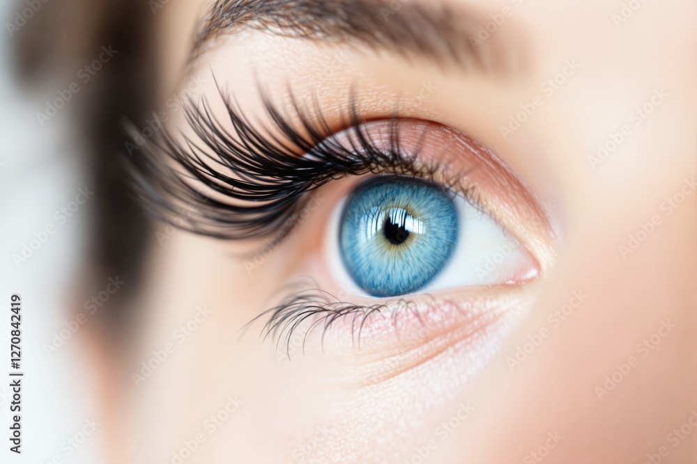 Close-up of a blue human eye with long eyelashes. Close-up of a blue human eye with long eyelashes.