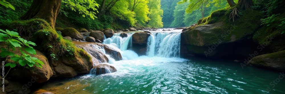 Fototapeta premium Emerald water cascades down rugged tree trunks, nature scenery, waterfalls