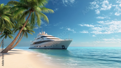 Luxurious yacht anchored in a tropical paradise under a clear blue sky