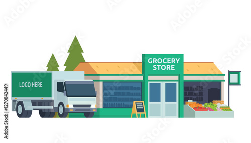 Grocery Store Building Vector Illustration. Shop & Market in Flat Style, Fully Editable Elements