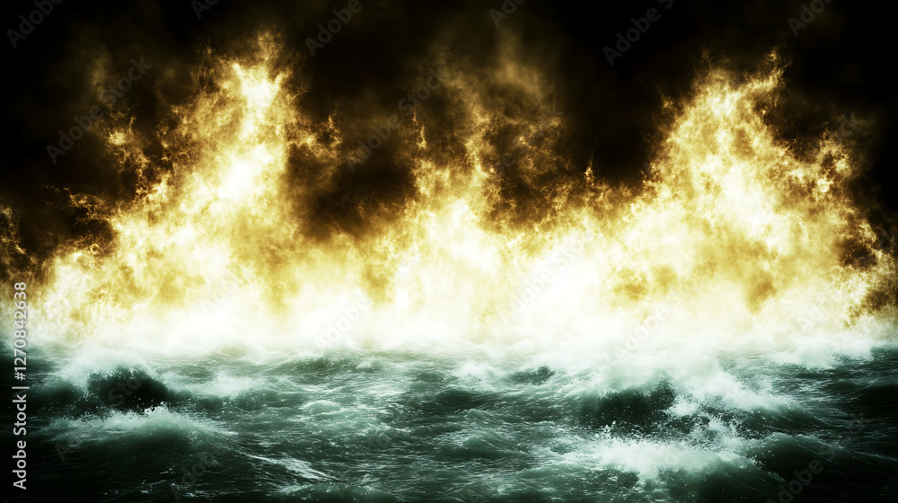Obraz premium Tempestuous Sea Ignited Fiery Sky Intense Maritime Scene Waves Crashing Apocalyptic Backdrop