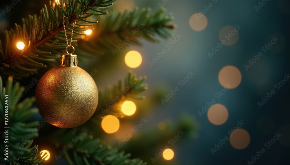 Radiant golden ornament hanging from sturdy fir branch with soft glowing light amidst twinkling lights, glow, branches, Christmas Radiant golden ornament hanging from sturdy fir branch with soft glowing light amidst twinkling lights, glow, branches, Christmas
