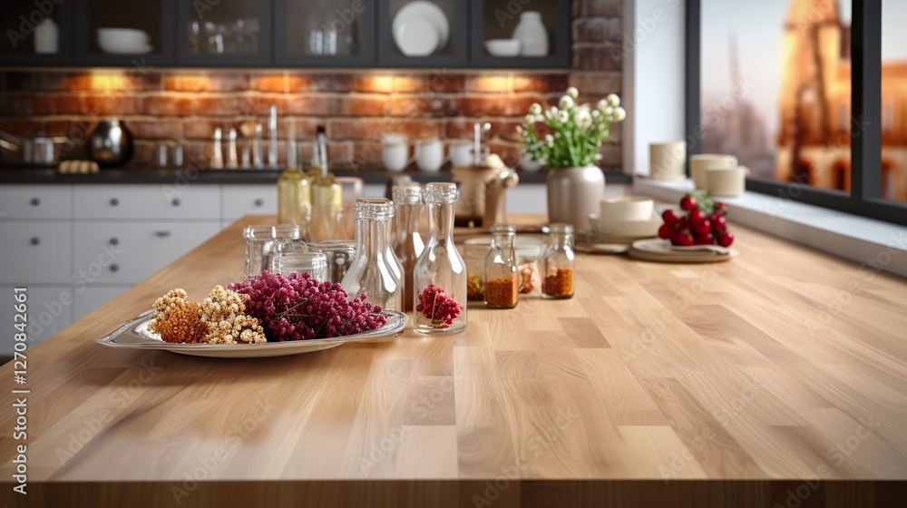 Empty beautiful wood table top counter and blur bokeh modern kitchen interior background HD 8K wallpaper Photographic Image Empty beautiful wood table top counter and blur bokeh modern kitchen interior background HD 8K wallpaper Photographic Image