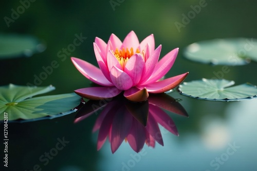 Symmetrical water lily reflection on lake surface, plant, lake