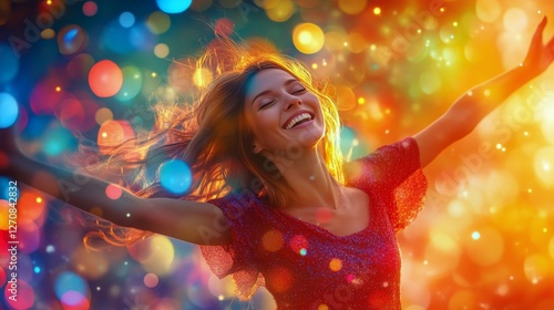 Joyful woman celebrating happiness amidst colorful lights at a vibrant outdoo...