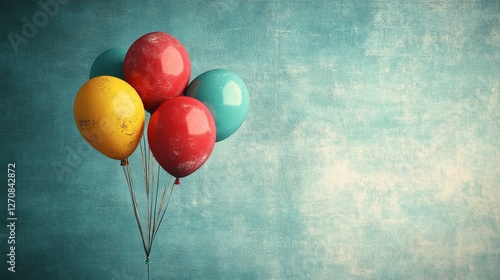 Colorful balloons in vibrant hues floating against a textured blue backdrop