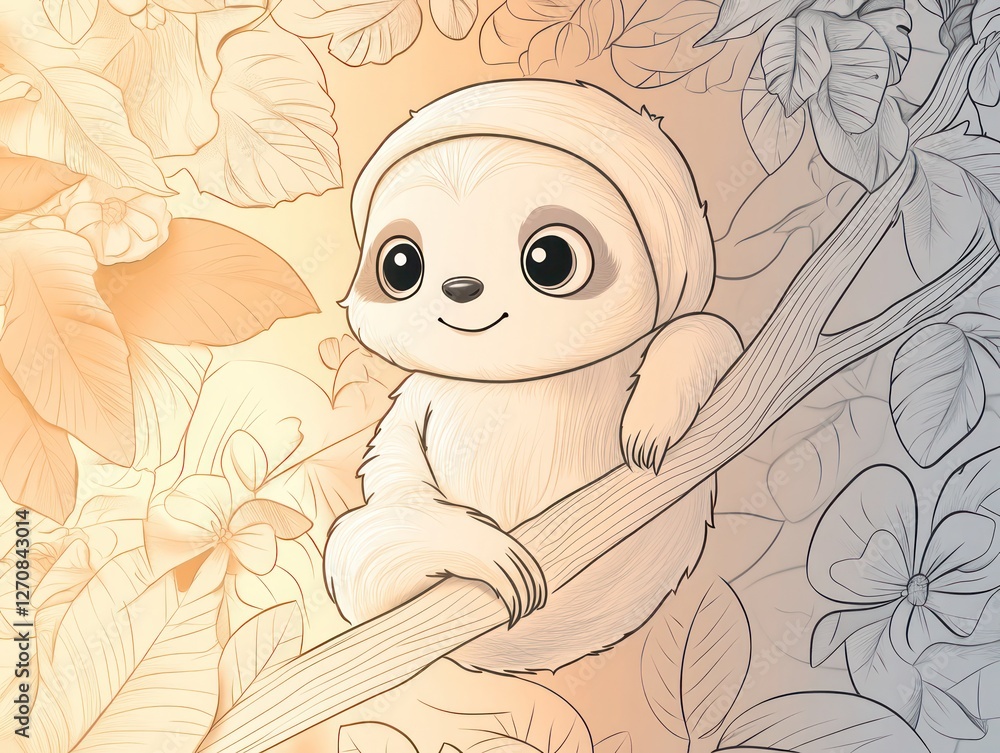Cute sloth resting on a branch in a floral jungle setting. Cute sloth resting on a branch in a floral jungle setting.