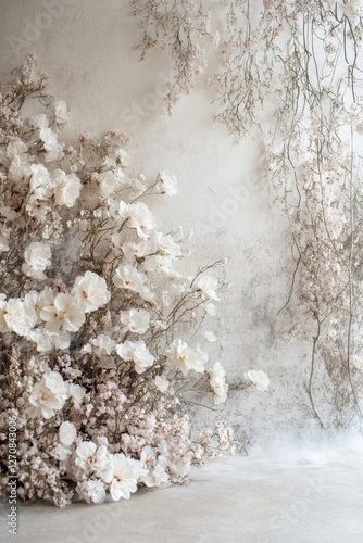 Floral arrangement surrounded by soft fog creating a dreamy atmosphere in a s...