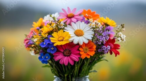 Colorful bouquet of flowers in a blurred garden background during daytime