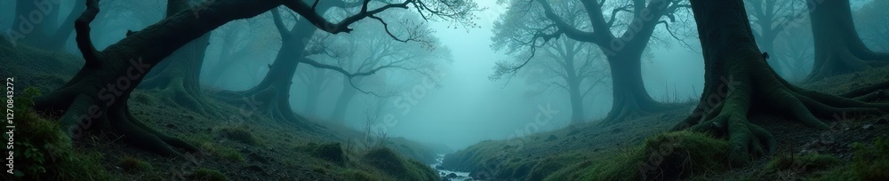 Mysterious foggy forest with twisted rope-like branches, abstract, wilderness Mysterious foggy forest with twisted rope-like branches, abstract, wilderness