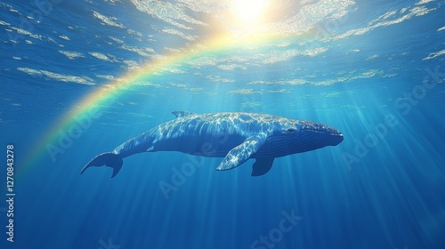 Whale swimming gracefully under water with a rainbow in the background during...