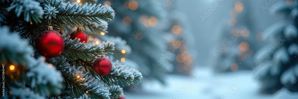 Snowy fir branches with scattered ornaments and lights, icy, snowflake