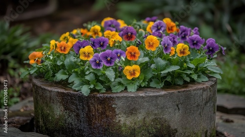 Colorful pansies bloom in a serene park during a sunny afternoon in fall