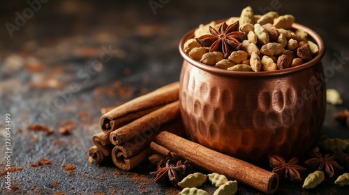 Warm copper cups filled with aromatic beverages surrounded by spices and herb...