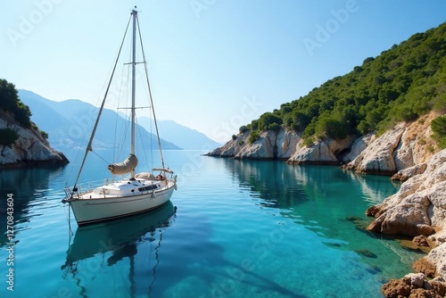 Wallpaper Mural Sailboat moored in a secluded cove near TorreOvo with Salento's hills and sea in the foreground, cove, torre ovo Torontodigital.ca