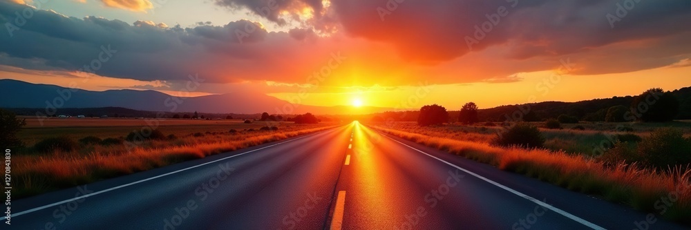As sunset approaches, the asphalt highway takes on a warm golden glow, nature, serene, sunset As sunset approaches, the asphalt highway takes on a warm golden glow, nature, serene, sunset