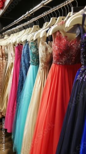 Elegant dresses displayed in a clothing store for special occasions in vibran...