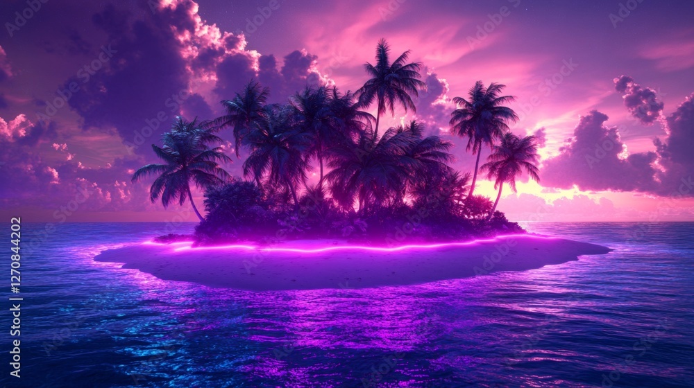 Fototapeta premium Neon horizon island paradise with palm trees and ethereal clouds creating a dreamy escape