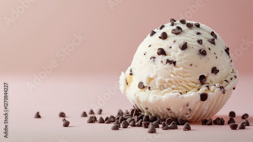 Delightful ice cream scoop with chocolate chips on pastel background