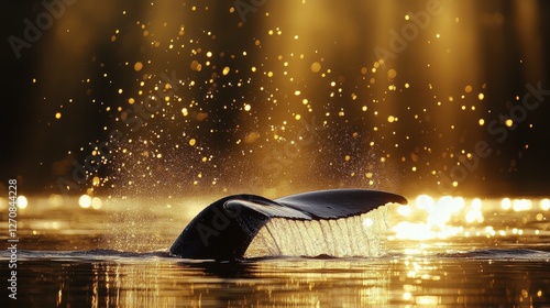 Majestic whale tail rises from deep blue ocean at sunset illuminating the sky...