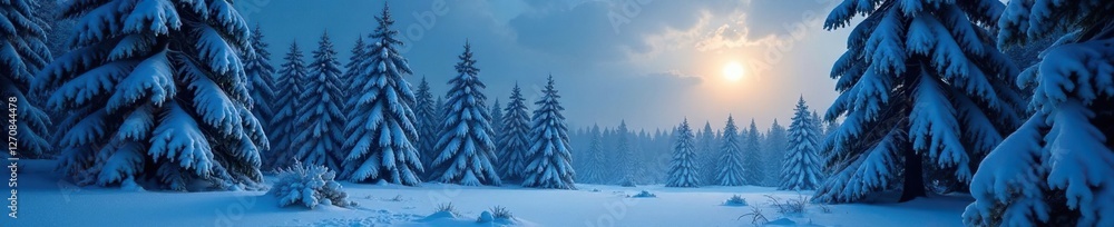 Fototapeta premium A serene snowy forest with towering pine trees and a bright moonlight, serene, snow-covered trees