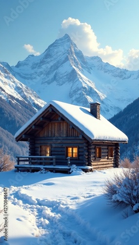 Wooden cabin with a sloping roof and chimney in the mountains, slope, cold, winter photo