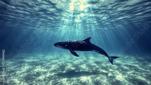 Majestic whale glides through shimmering waters with sunlight streaming above