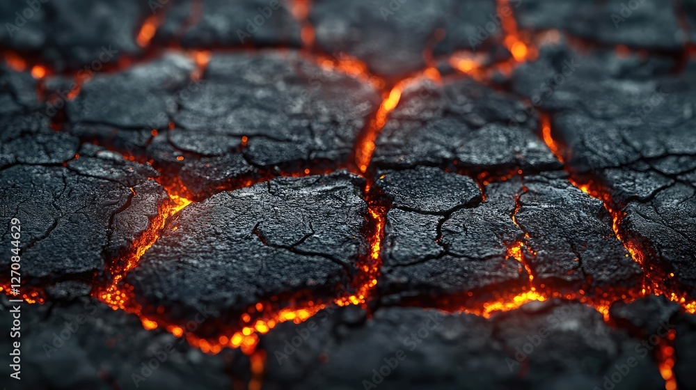 Volcanic landscapes idea. A close-up view of cracked volcanic earth illuminated by glowing lava. Volcanic landscapes idea. A close-up view of cracked volcanic earth illuminated by glowing lava.