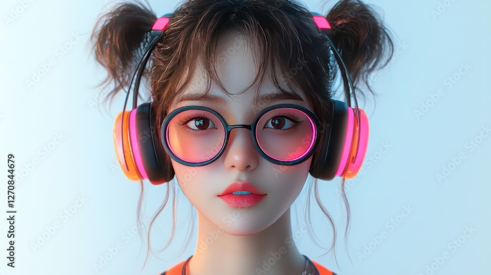 Naklejka premium Asian woman wears neon headphone