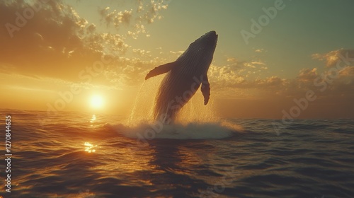 Majestic whale breaches the ocean at sunset with vibrant clouds and waves